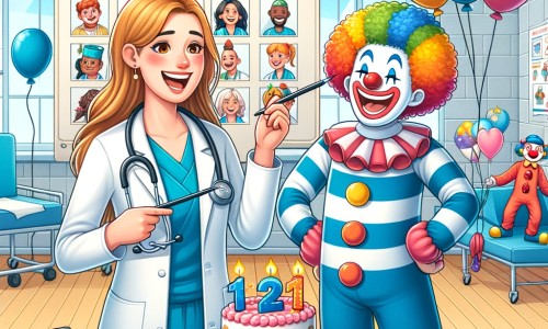 Une illustration destinée aux enfants représentant une femme médecin passionnée, accompagnée d'un joyeux clown, organisant une fête surprise dans une salle commune de l'hôpital, décorée de ballons colorés et remplie de rires et de gâteaux délicieux.