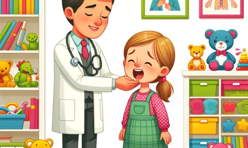 Une illustration destinée aux enfants représentant une femme médecin attentionnée, accompagnée de sa fille, examinant une petite fille souriante avec une grosse angine dans son cabinet médical chaleureux et coloré, rempli de jouets et de livres.
