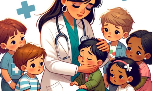 Une illustration pour enfants représentant une femme médecin bienveillante, prenant soin des enfants malades dans un grand hôpital.