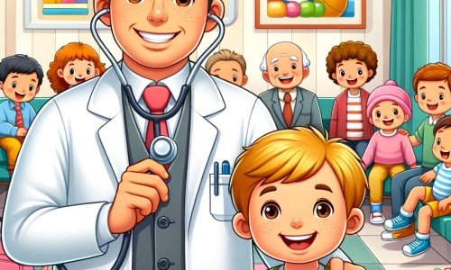 Une illustration pour enfants représentant un homme en blouse blanche, aidant un petit garçon à se sentir mieux lors d'une visite chez le médecin, dans une salle d'attente colorée et accueillante.