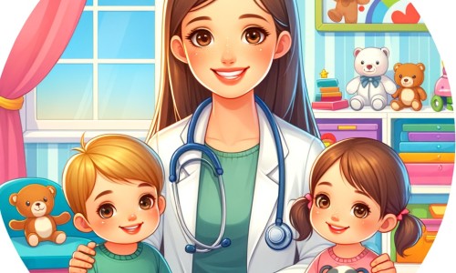 Une illustration pour enfants représentant une femme médecin souriante qui s'occupe de ses patients dans son cabinet médical.