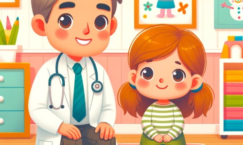 Une illustration destinée aux enfants représentant un médecin bienveillant et souriant, accompagné d'un adorable petit patient, dans un cabinet médical chaleureux et coloré, rempli de jouets et de dessins accrochés aux murs.