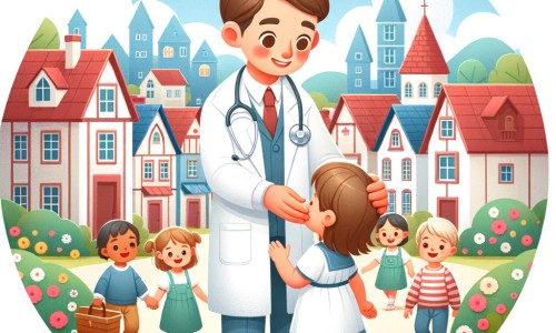 Une illustration destinée aux enfants représentant un homme bienveillant, portant une blouse blanche, s'occupant des enfants malades dans une clinique située au cœur d'un village coloré, entouré de maisons aux toits rouges et de jardins fleuris.