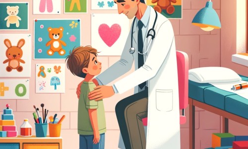 Une illustration destinée aux enfants représentant un homme en blouse blanche, accompagné d'un petit garçon, dans un cabinet médical rempli de jouets colorés et de dessins accrochés aux murs, où ils partagent un moment chaleureux et rassurant.