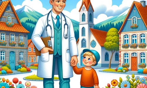 Une illustration destinée aux enfants représentant un médecin bienveillant et souriant, accompagné d'un petit garçon, dans un village pittoresque entouré de maisons colorées, avec une église au clocher pointu et des fleurs multicolores qui ornent les fenêtres.