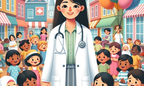 Une illustration destinée aux enfants représentant un jeune médecin bienveillant, vêtu d'une blouse blanche, prenant soin des enfants dans son cabinet médical coloré situé au cœur d'une petite ville animée, entouré de ballons et de sourires.