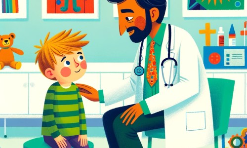 Une illustration destinée aux enfants représentant un jeune homme courageux, affrontant sa peur de voir le médecin, accompagné d'un adorable docteur bienveillant, dans une clinique colorée remplie de jouets et de dessins joyeux.