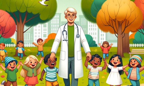 Une illustration destinée aux enfants représentant un homme bienveillant en blouse blanche, accompagné d'un groupe d'enfants joyeux, jouant au docteur dans un parc verdoyant avec des arbres aux feuilles chatoyantes et des fleurs colorées.