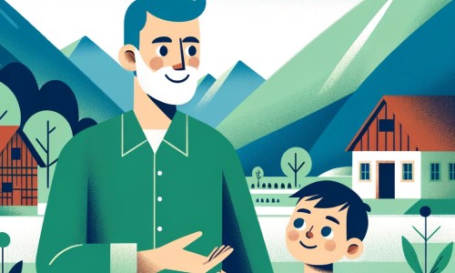 Une illustration destinée aux enfants représentant un homme au sourire bienveillant, accompagné d'un enfant curieux, dans un village paisible entouré de montagnes verdoyantes, où ils découvrent ensemble les mystères du corps humain.
