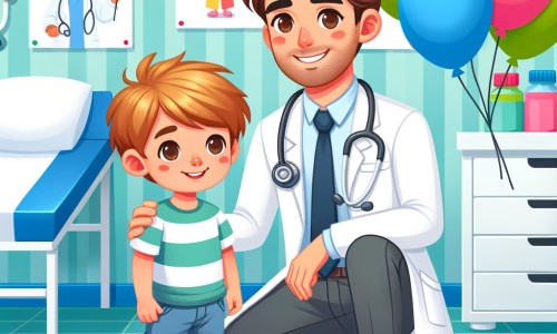 Une illustration destinée aux enfants représentant un jeune médecin au cœur généreux, accompagné d'un petit garçon curieux, dans son cabinet médical coloré rempli de ballons et d'affiches joyeuses.