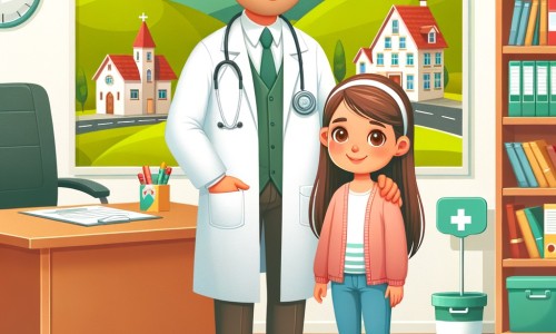 Une illustration destinée aux enfants représentant un médecin bienveillant, accompagné de son fils, dans un cabinet médical coloré et chaleureux, au cœur d'une petite ville entourée de collines verdoyantes.