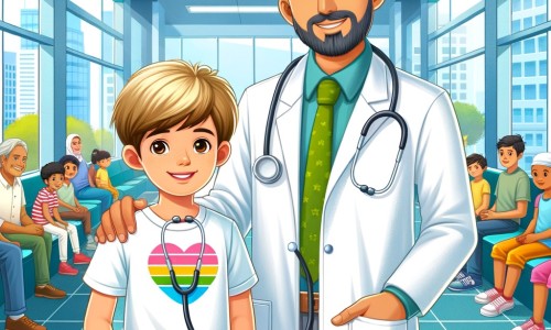 Une illustration pour enfants représentant un jeune garçon enthousiaste découvrant le monde de la médecine à l'hôpital de sa ville.