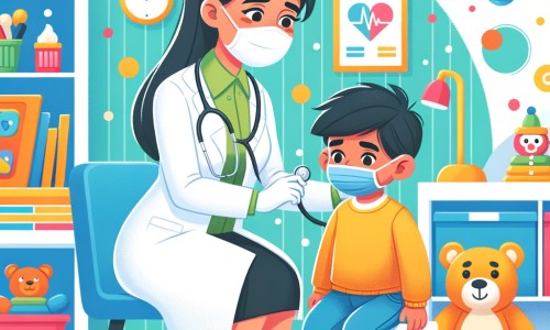 Une illustration destinée aux enfants représentant un médecin bienveillant, vêtu d'une blouse blanche, s'occupant d'un petit garçon malade dans une clinique lumineuse et colorée remplie de jouets et de livres.