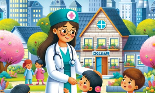 Une illustration destinée aux enfants représentant une femme médecin bienveillante et souriante, s'occupant d'enfants malades dans un hôpital coloré situé au cœur d'une petite ville entourée de jardins fleuris.