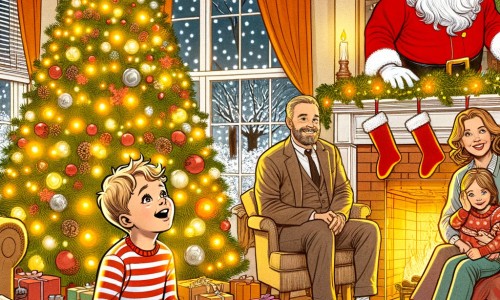 Une illustration destinée aux enfants représentant un petit garçon, plein d'excitation, découvrant avec émerveillement le Père Noël sortant de la cheminée, entouré de sa famille, dans un salon chaleureusement décoré avec un grand sapin illuminé.