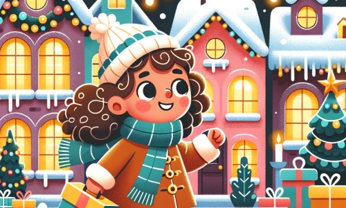 Une illustration pour enfants représentant une petite fille qui part à la recherche des cadeaux de Noël parfaits dans une ville enneigée.