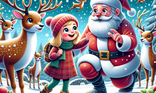 Une illustration destinée aux enfants représentant une petite fille joyeuse et curieuse, entourée de rennes dans un jardin enneigé, alors qu'elle aide le Père Noël à retrouver ses rennes égarés pour pouvoir livrer les cadeaux de Noël à temps.