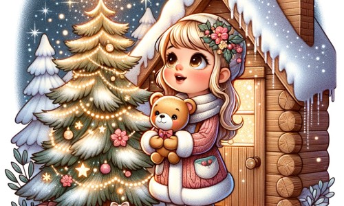 Une illustration pour enfants représentant une petite fille qui écrit une lettre au Père Noël pour demander un cadeau spécial, dans un décor de Noël féerique.