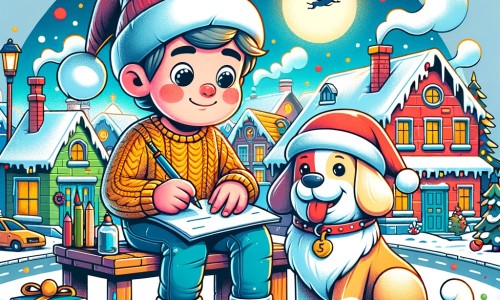 Une illustration pour enfants représentant un petit garçon plein de curiosité et d'imagination, vivant une aventure magique lorsqu'il envoie une lettre spéciale au père Noël, dans un village enneigé appelé Joyeuxbourg.