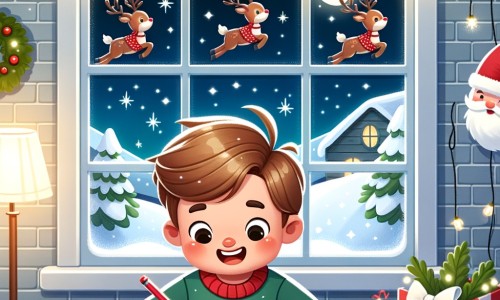 Une illustration pour enfants représentant un petit garçon plein d'excitation écrivant sa lettre au Père Noël dans sa chambre chaleureuse, décorée de guirlandes lumineuses.
