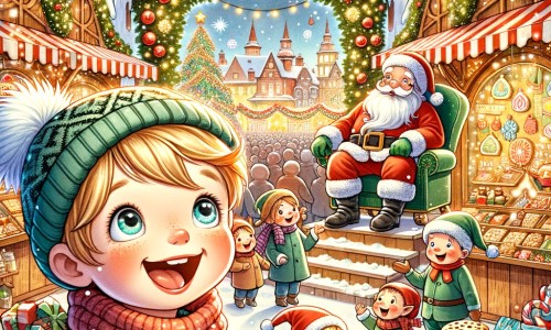 Une illustration pour enfants représentant un petit garçon plein d'excitation, entouré de décorations de Noël, dans un marché féerique.