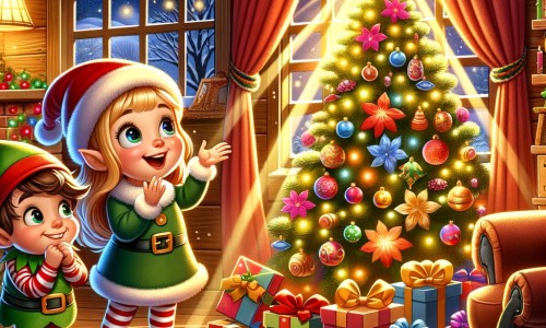 Une illustration destinée aux enfants représentant une petite fille émerveillée par la magie de Noël, accompagnée d'un lutin espiègle, dans un salon chaleureux décoré d'un sapin illuminé et entouré de cadeaux colorés.