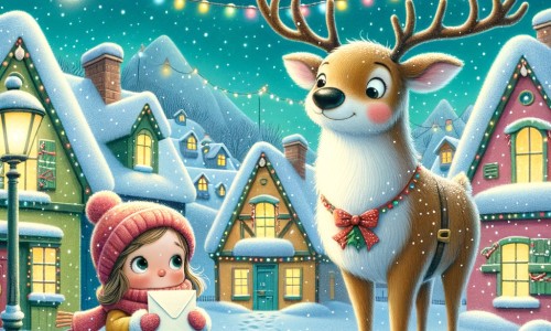 Une illustration destinée aux enfants représentant une petite fille émerveillée par une mystérieuse lettre, accompagnée d'un adorable renne, dans un village enneigé aux maisons colorées et aux toits ornés de guirlandes lumineuses.