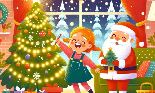Une illustration pour enfants représentant une petite fille pleine d'excitation, préparant le sapin de Noël dans un chalet enneigé.