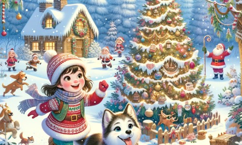 Une illustration pour enfants représentant une petite fille en quête d'aventure qui part à la recherche de la maison du père Noël dans une forêt enneigée.