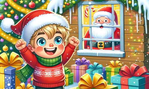 Une illustration destinée aux enfants représentant un petit garçon plein d'excitation, entouré de cadeaux et de flocons de neige, dans une maison joliment décorée pour Noël, avec le Père Noël en arrière-plan.