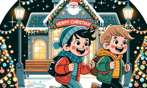Une illustration destinée aux enfants représentant un petit garçon plein d'enthousiasme, accompagné de son ami, se rendant à la maison du père Noël, située au cœur d'un centre commercial scintillant de lumières et décoré de guirlandes colorées.