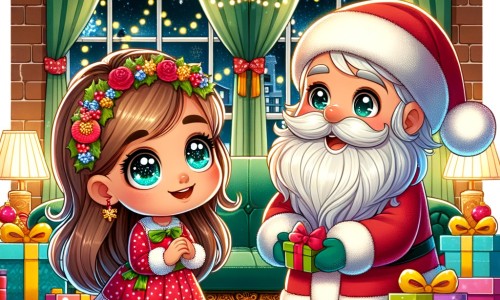 Une illustration destinée aux enfants représentant une petite fille aux yeux brillants, entourée de cadeaux, qui rencontre le Père Noël dans un salon décoré de guirlandes lumineuses et de boules colorées.