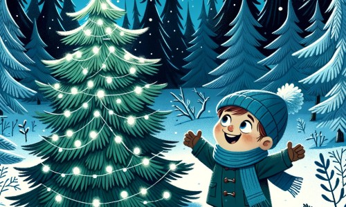 Une illustration destinée aux enfants représentant un petit garçon plein d'enthousiasme et de curiosité, se trouvant dans une forêt hivernale magique, avec un sapin de Noël solitaire à ses côtés, prêt à vivre une aventure extraordinaire.