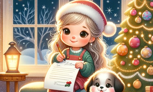 Une illustration destinée aux enfants représentant une petite fille pleine d'espoir, écrivant sa lettre au Père Noël, accompagnée de son fidèle chiot, dans une chambre chaleureuse décorée de guirlandes lumineuses et d'un sapin scintillant.