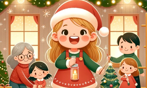 Une illustration destinée aux enfants représentant une petite fille enthousiaste, entourée de sa famille, préparant la fête de Noël dans une maison chaleureuse et décorée de guirlandes lumineuses, de boules scintillantes et de guirlandes de houx.