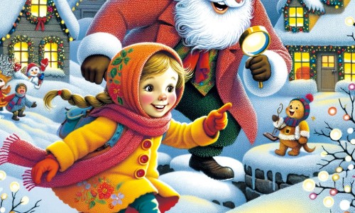 Une illustration pour enfants représentant une petite fille curieuse et pleine de vie, en train de résoudre le mystère de la visite du père Noël dans un village enneigé.