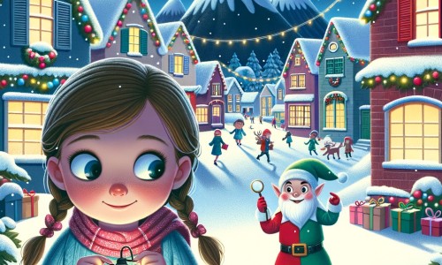 Une illustration pour enfants représentant une petite fille curieuse, confrontée à la disparition mystérieuse des cadeaux de Noël, dans une petite ville enneigée.