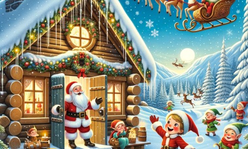 Une illustration destinée aux enfants représentant un petit garçon enthousiaste à l'approche de Noël, qui rencontre le Père Noël dans un magnifique chalet en Laponie, entouré de lutins farceurs et de rennes volants dans un paysage enneigé féerique.