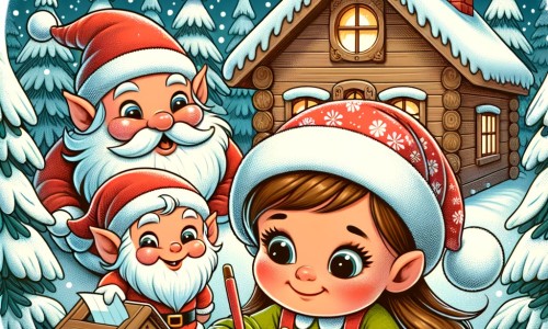 Une illustration destinée aux enfants représentant une petite fille aux joues rosées, écrivant une lettre au Père Noël dans une petite maison en bois, entourée de sapins enneigés, tandis que deux lutins malicieux l'observent avec un grand sourire.
