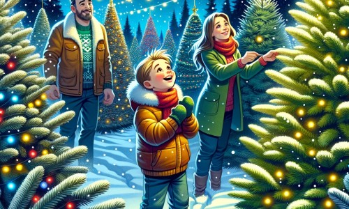 Une illustration pour enfants représentant un petit garçon passionné par Noël qui part à la recherche du sapin parfait dans une ferme de Noël.