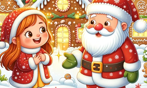 Une illustration destinée aux enfants représentant une petite fille joyeuse, entourée de flocons de neige scintillants, qui rencontre un Père Noël souriant et bienveillant, dans un village enneigé, avec des maisons en pain d'épice aux toits en sucre glace.