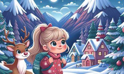 Une illustration destinée aux enfants représentant une petite fille aux yeux pétillants de curiosité, plongée dans une aventure magique de Noël, accompagnée d'un renne au nez rouge, dans un village enneigé entouré de montagnes majestueuses.