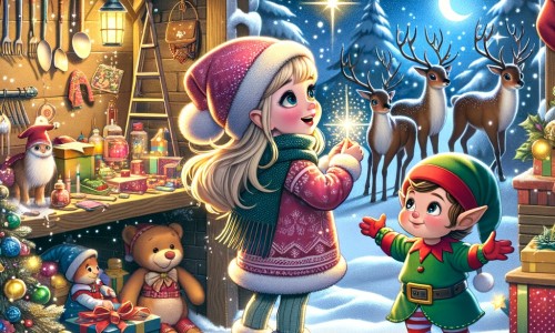 Une illustration destinée aux enfants représentant une petite fille émerveillée par la magie de Noël, accompagnée d'un lutin, dans un atelier rempli de jouets étincelants et de rennes au Pôle Nord.