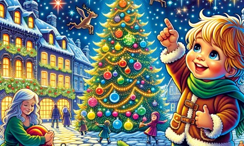 Une illustration pour enfants représentant un petit garçon plein d'excitation, découvrant des cadeaux sous le sapin de Noël, dans une petite ville illuminée par la magie des fêtes.
