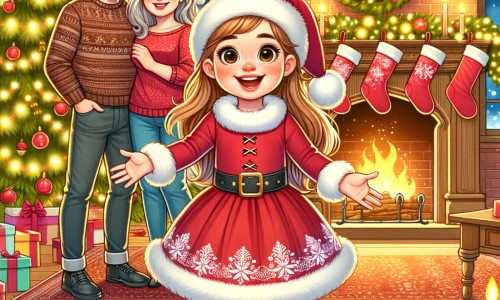 Une illustration pour enfants représentant une petite fille pleine d'enthousiasme se préparant pour aider le Père Noël lors de la veille de Noël dans une maison chaleureuse et festive.