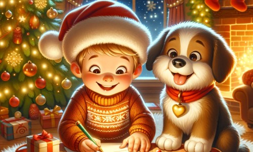 Une illustration pour enfants représentant un petit garçon plein d'excitation qui écrit une lettre au Père Noël dans son chalet enneigé.