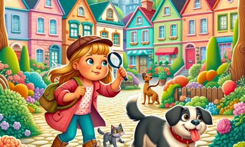 Une illustration pour enfants représentant une petite fille amoureuse des animaux qui mène une enquête pour retrouver son chat disparu, dans un quartier paisible et verdoyant.