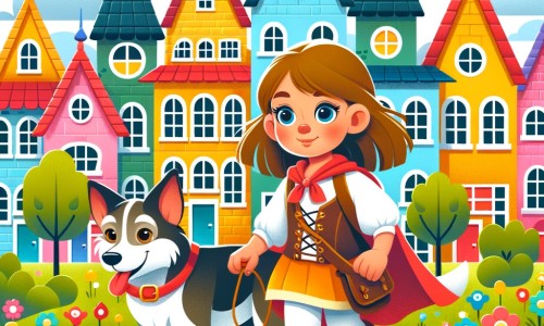Une illustration destinée aux enfants représentant une petite fille intrépide, accompagnée de son fidèle ami à quatre pattes, dans une ville colorée avec des maisons aux toits pointus, des arbres fleuris et un parc rempli d'enfants joyeux.