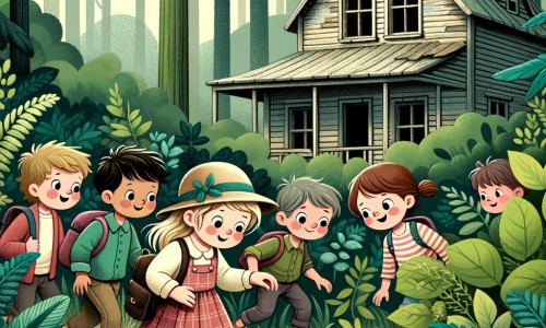 Une illustration destinée aux enfants représentant une petite fille curieuse, accompagnée de ses amis, explorant une maison abandonnée dans une forêt dense, à la recherche d'un mystérieux trésor caché.