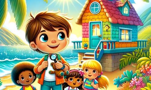 Une illustration pour enfants représentant une petite fille curieuse et déterminée, se lançant dans une enquête captivante après la disparition mystérieuse de ses jouets, dans une charmante maison au bord de la mer.